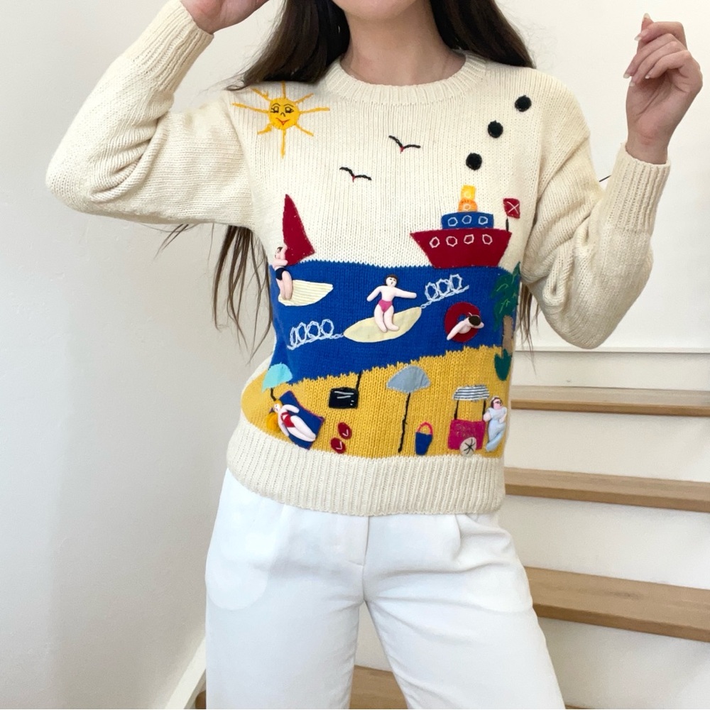 Vintage Passports Pier 1 Imports Beach Surfing 3D Knit Cream Peru Cotton Sweater